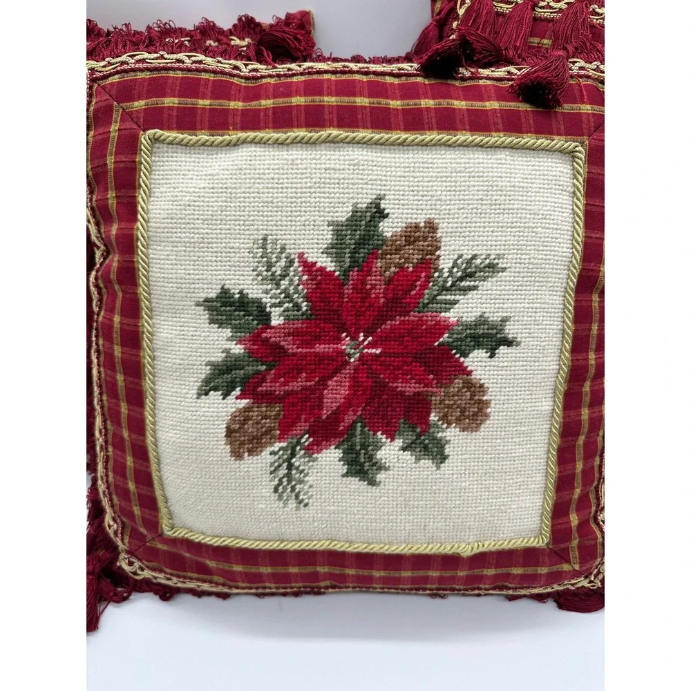 Set of 3 Christmas Poinsettia Needlepoint Throw Pillows Red Plaid Tassel Trim
